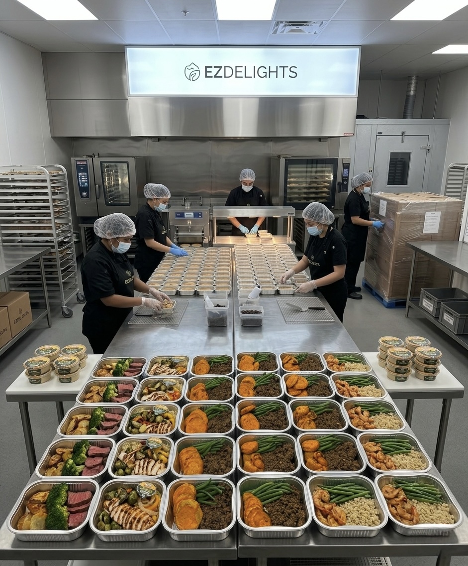 EZ Delights production kitchen — staff preparing this week's meals in small batches